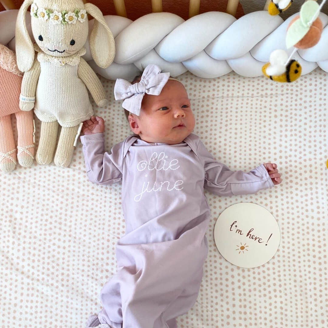 Personalized Stitched Newborn Baby Knot Gown | Lavender Dreams - Image 2