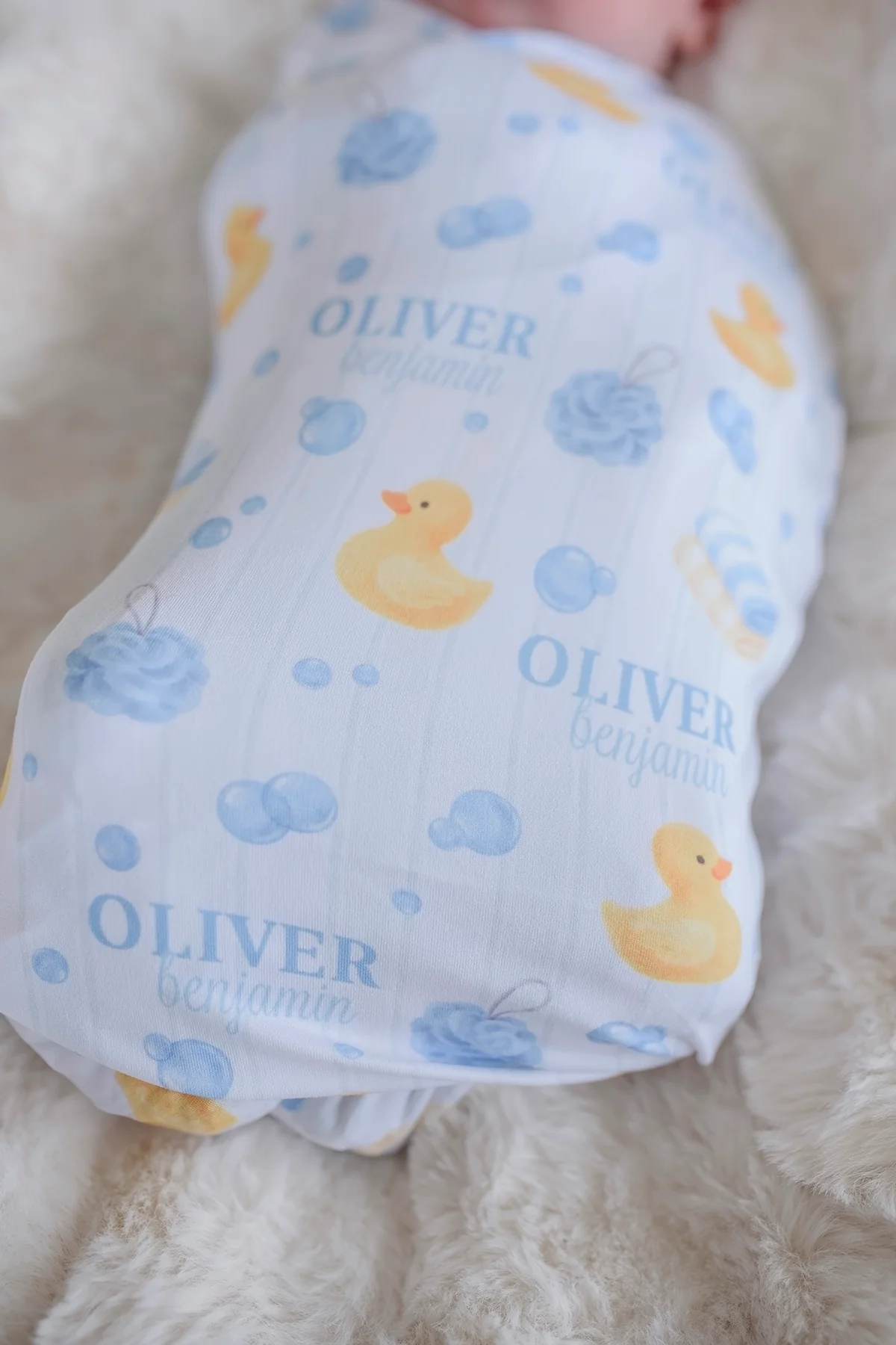 Personalized Swaddle Blanket | Bubble Duckies Blue - Image 3