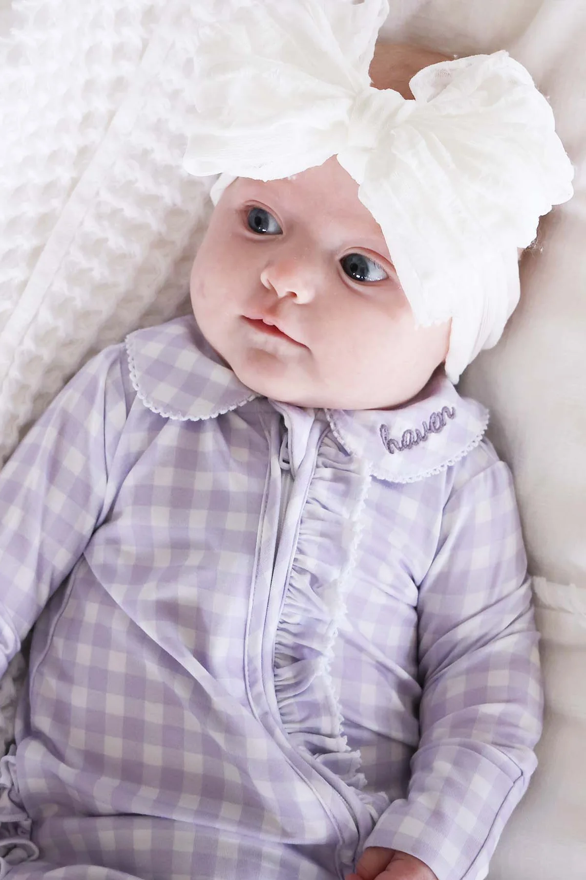 Peter Pan Collar Ruffle Zipper Footie | Lilac Gingham - Image 16