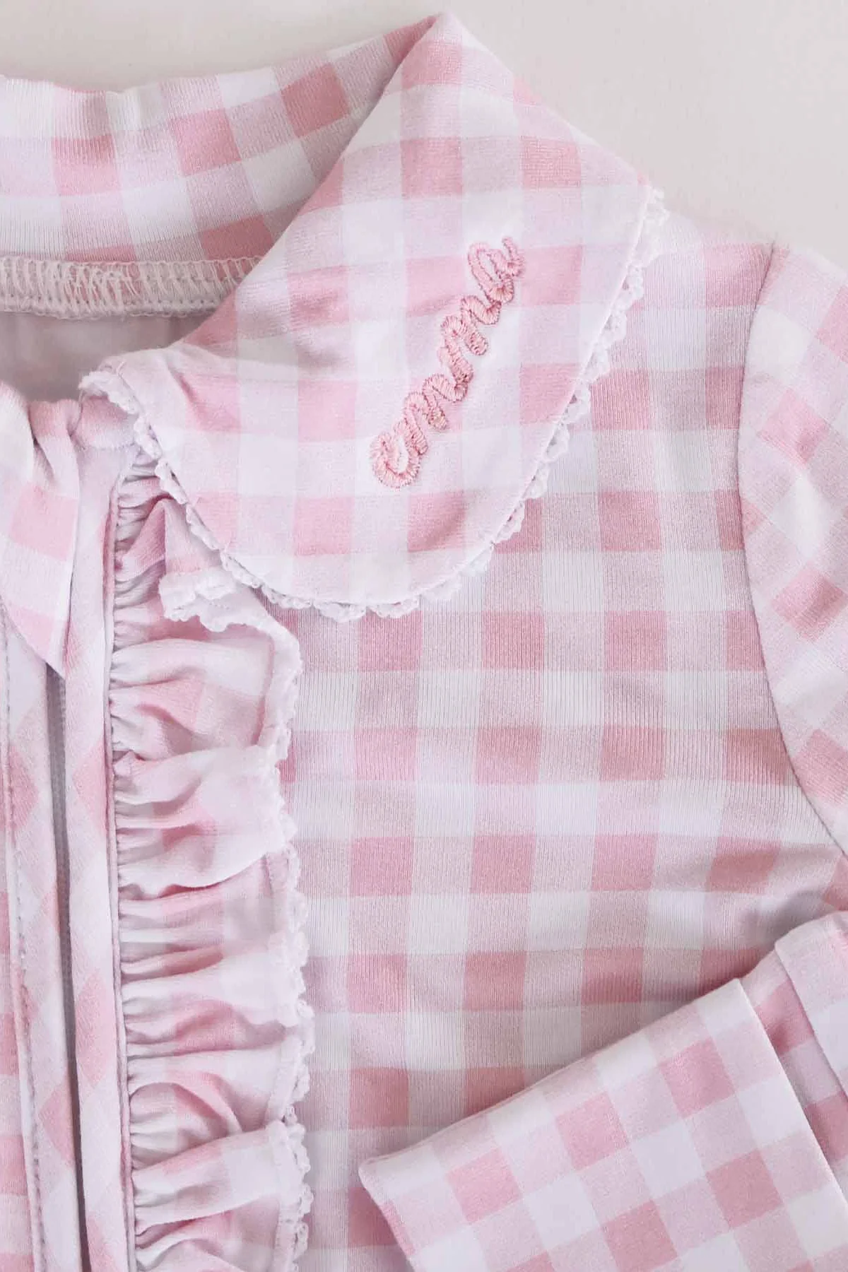 Peter Pan Collar Ruffle Zipper Footie | Rosy Gingham - Image 3