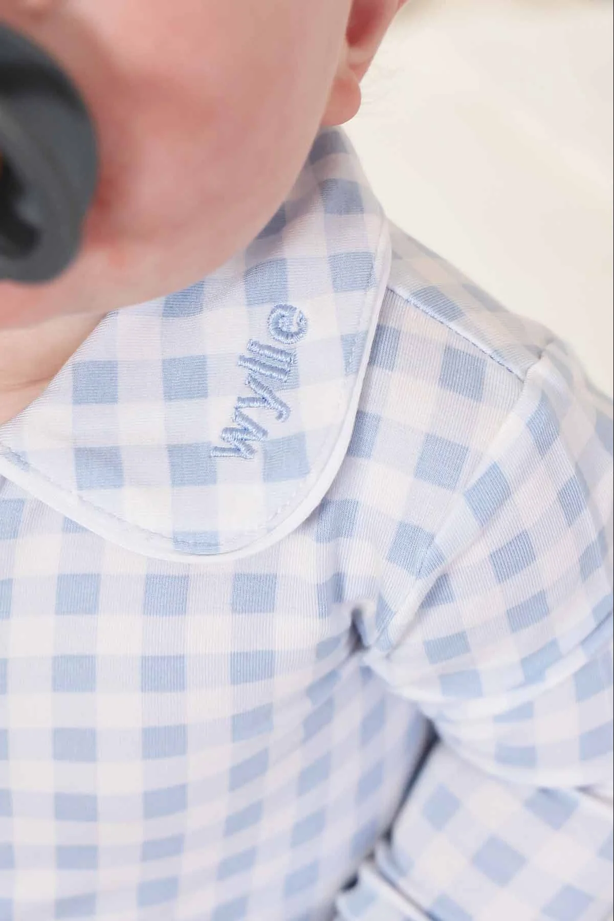 Peter Pan Collar Zipper Footie | Dusty Blue Gingham - Image 17