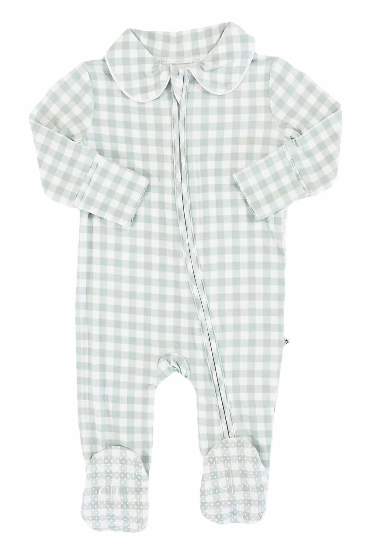 Peter Pan Collar Zipper Footie | Moss Gingham - Image 4