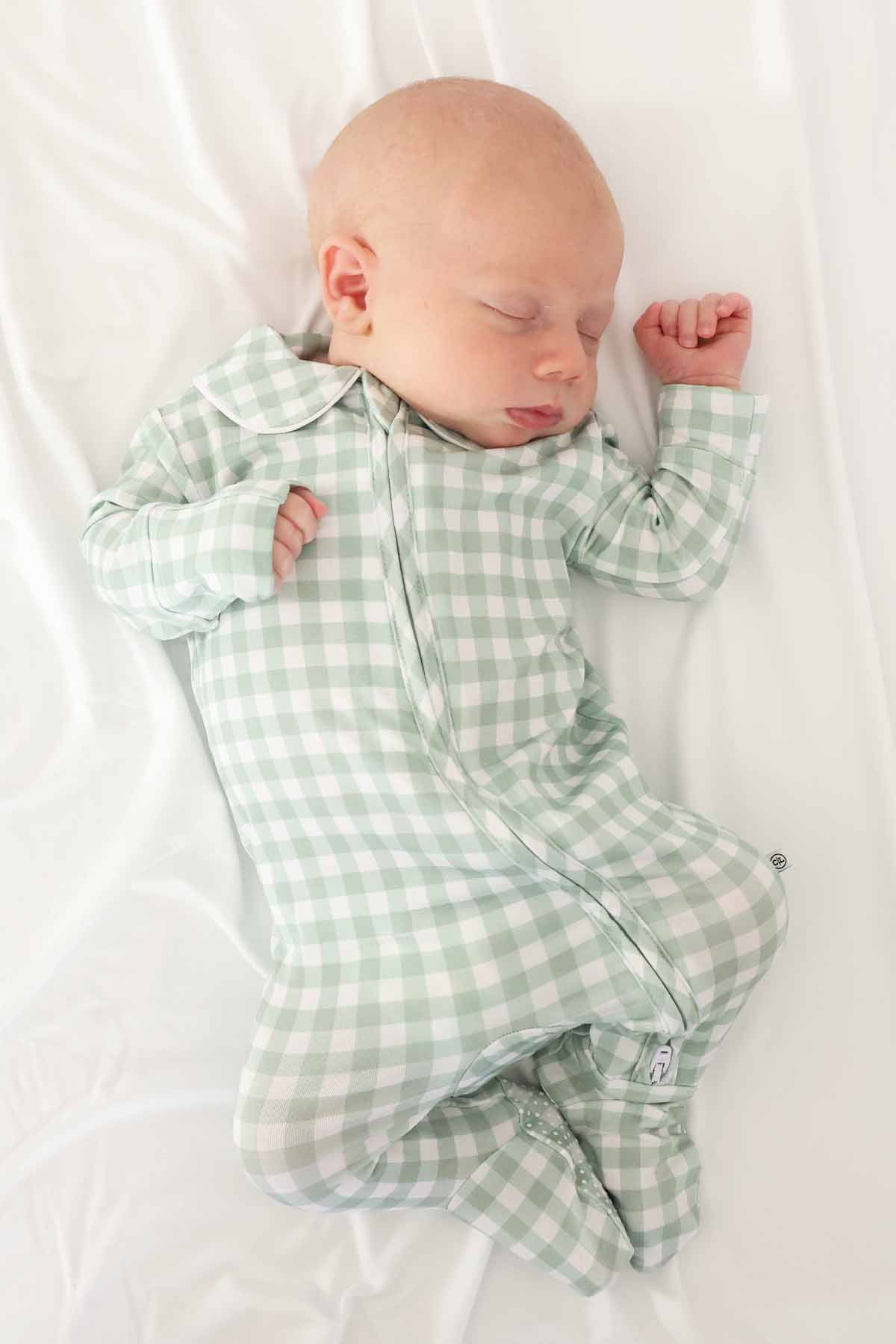 Peter Pan Collar Zipper Footie | Moss Gingham - Image 11