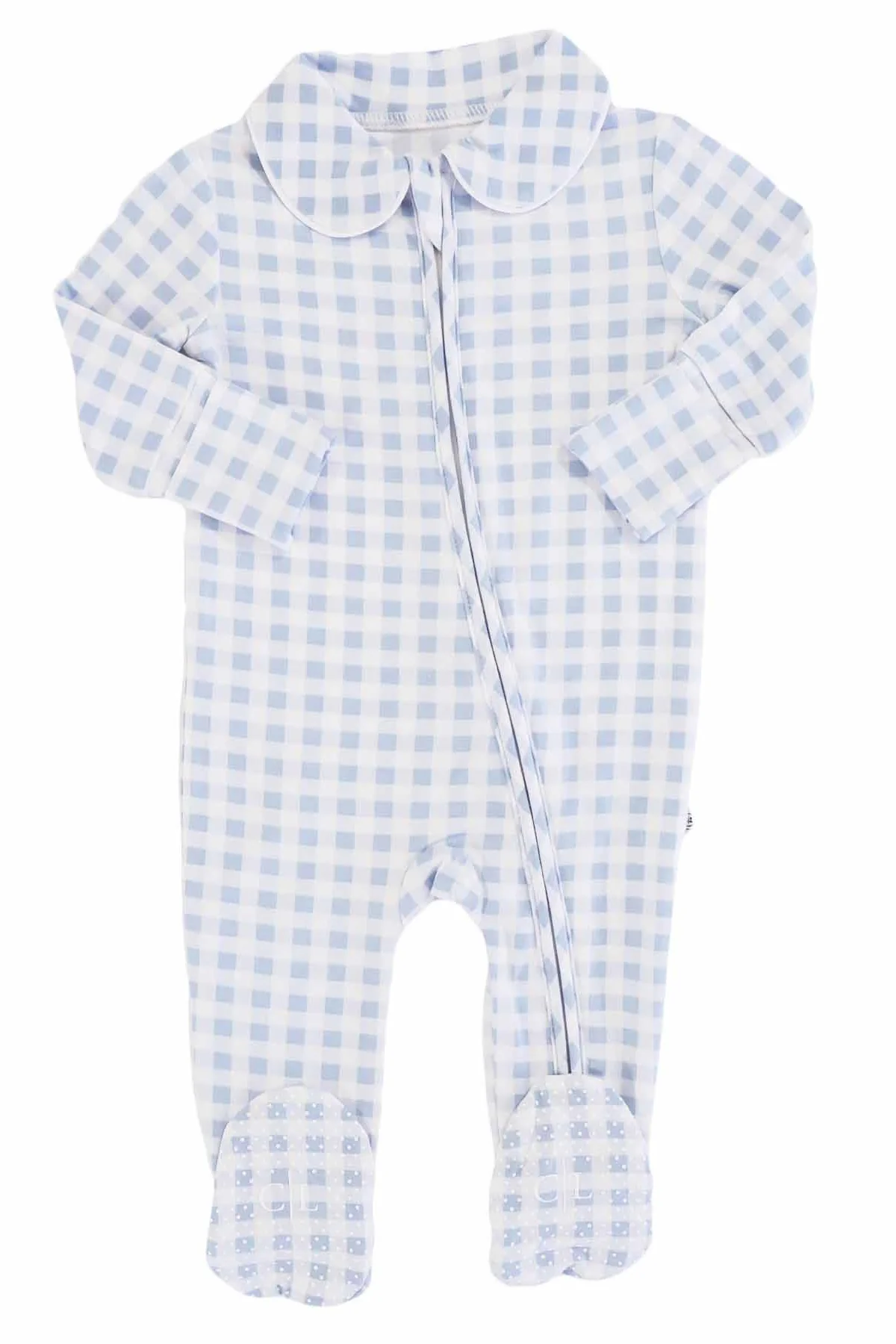 Peter Pan Collar Zipper Footie | Dusty Blue Gingham - Image 6