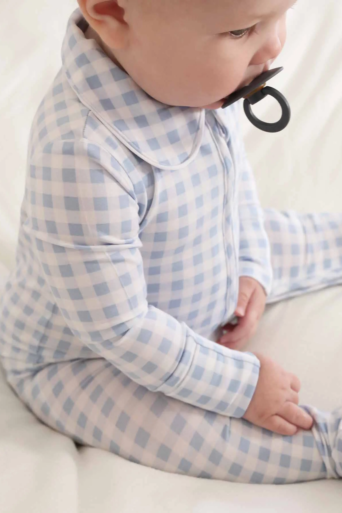 Peter Pan Collar Zipper Footie | Dusty Blue Gingham - Image 10