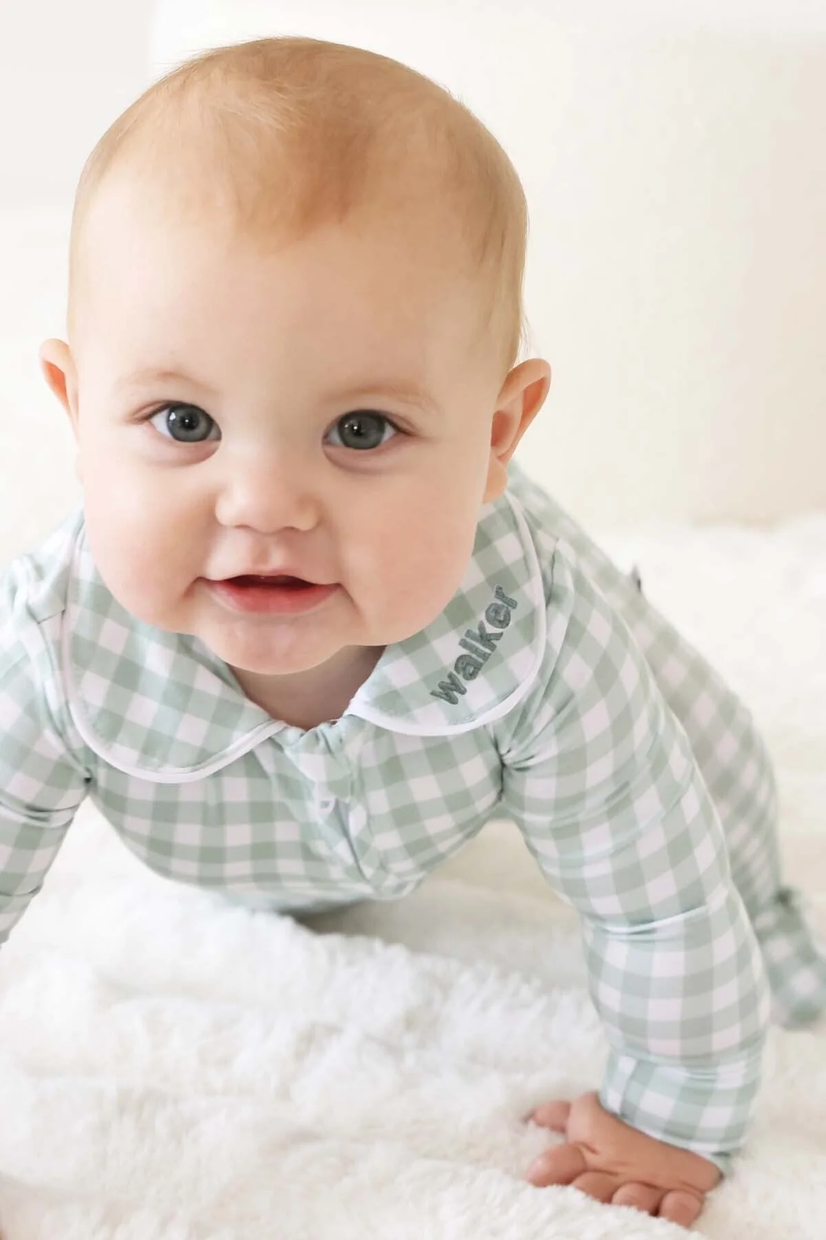 Peter Pan Collar Zipper Footie | Moss Gingham - Image 5