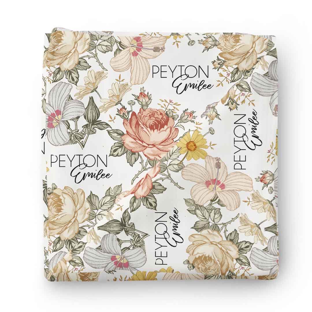 Peyton's Vintage Floral Personalized Baby Name Swaddle Blanket - Image 2