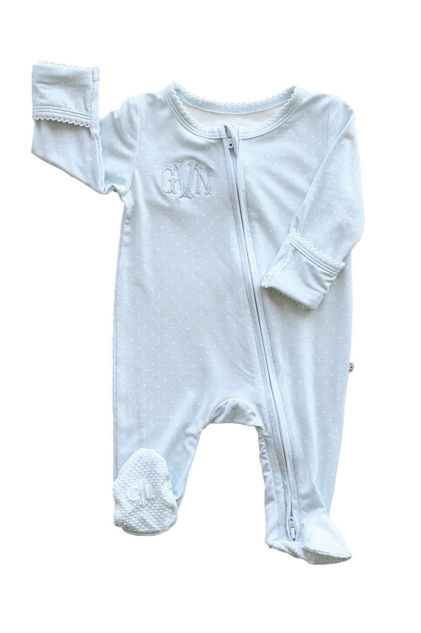 Picot Trim Bamboo Zipper Footie | Baby Blue - Image 3