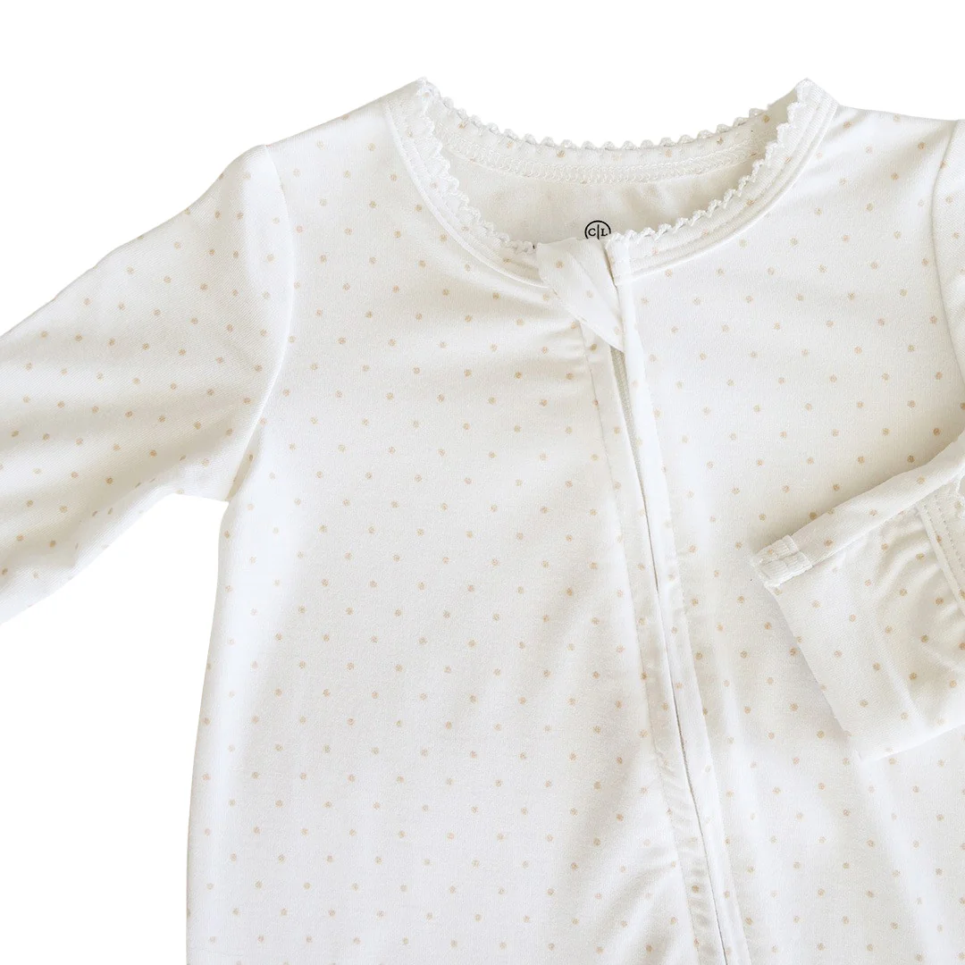 Picot Trim Bamboo Zipper Footie | Baby Taupe - Image 12
