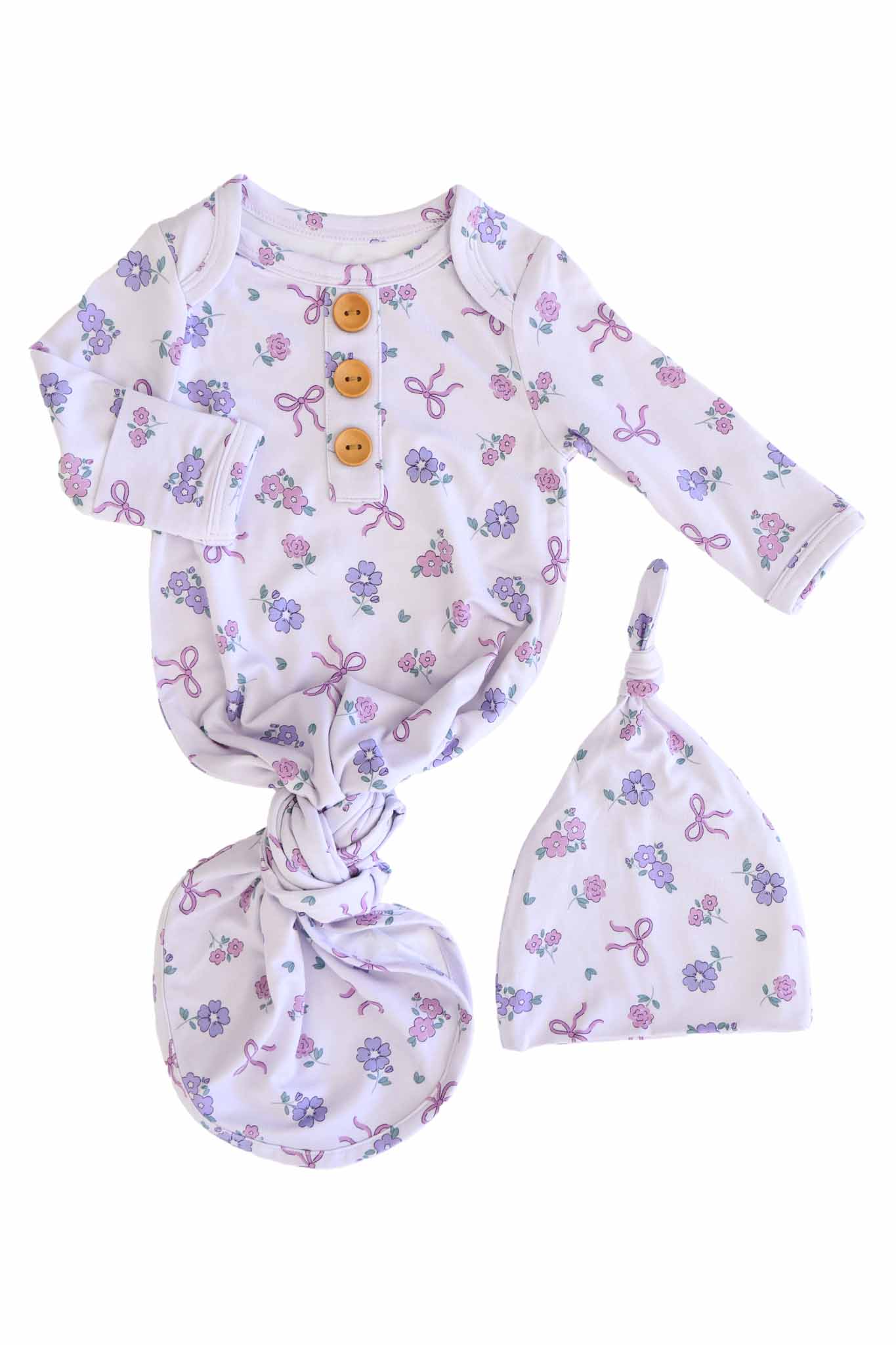Ribbon & Roses Newborn Baby Knot Gown & Hat Set | Purple - Image 3