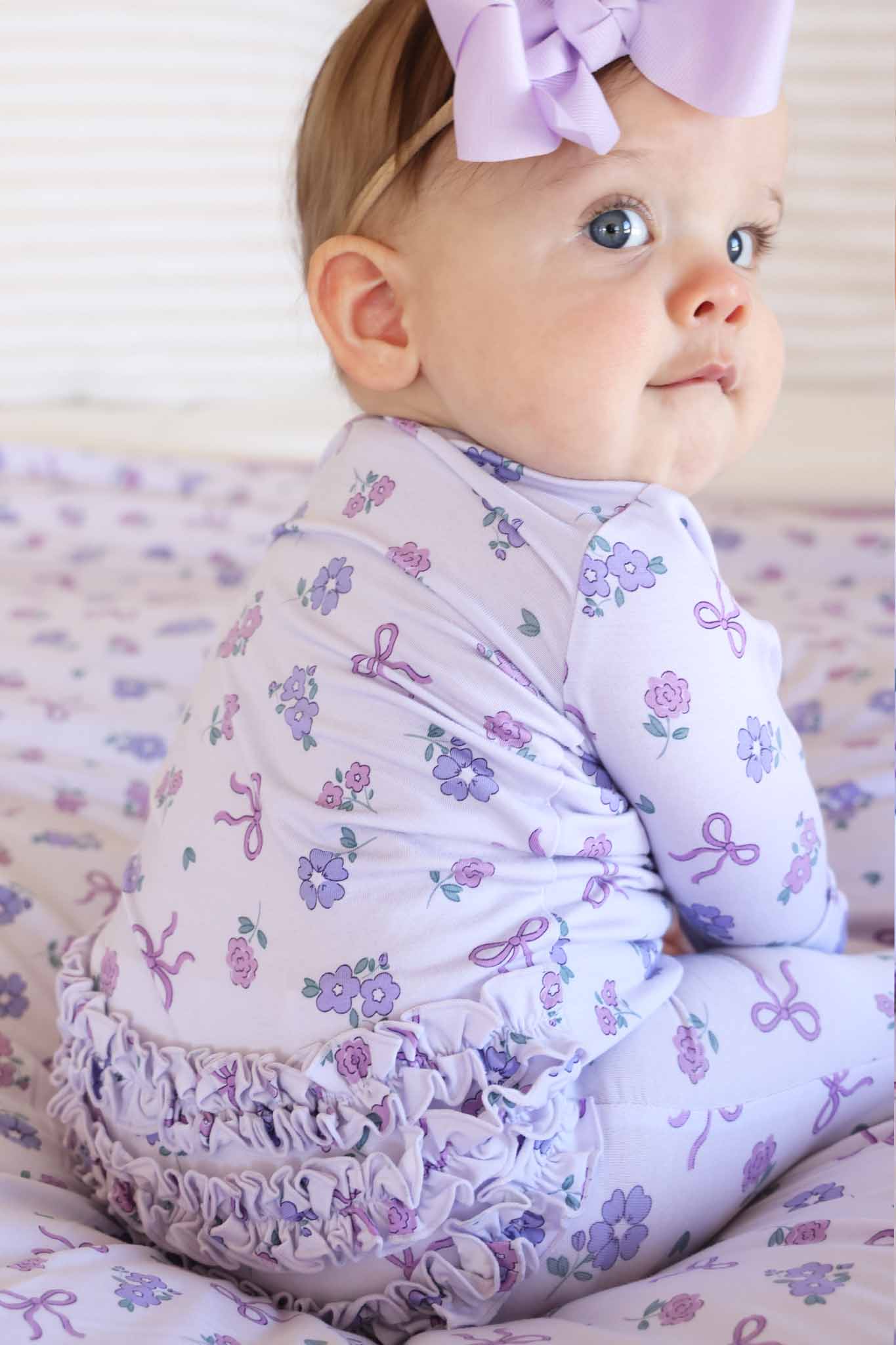 Ribbon & Roses Ruffle Zipper Footie | Purple - Image 4