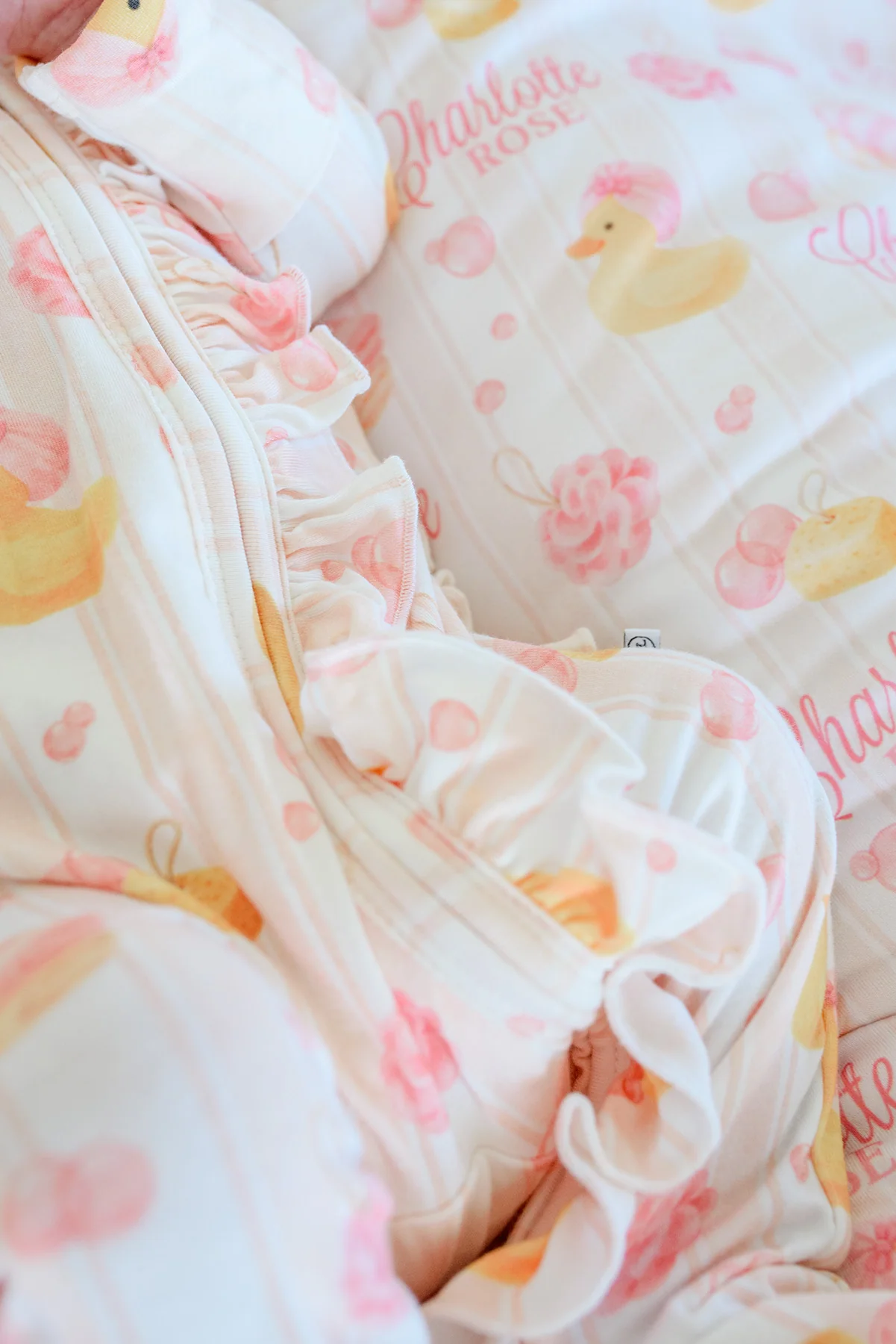Ruffle Bamboo Zipper Footie | Bubble Duckies Pink - Image 10