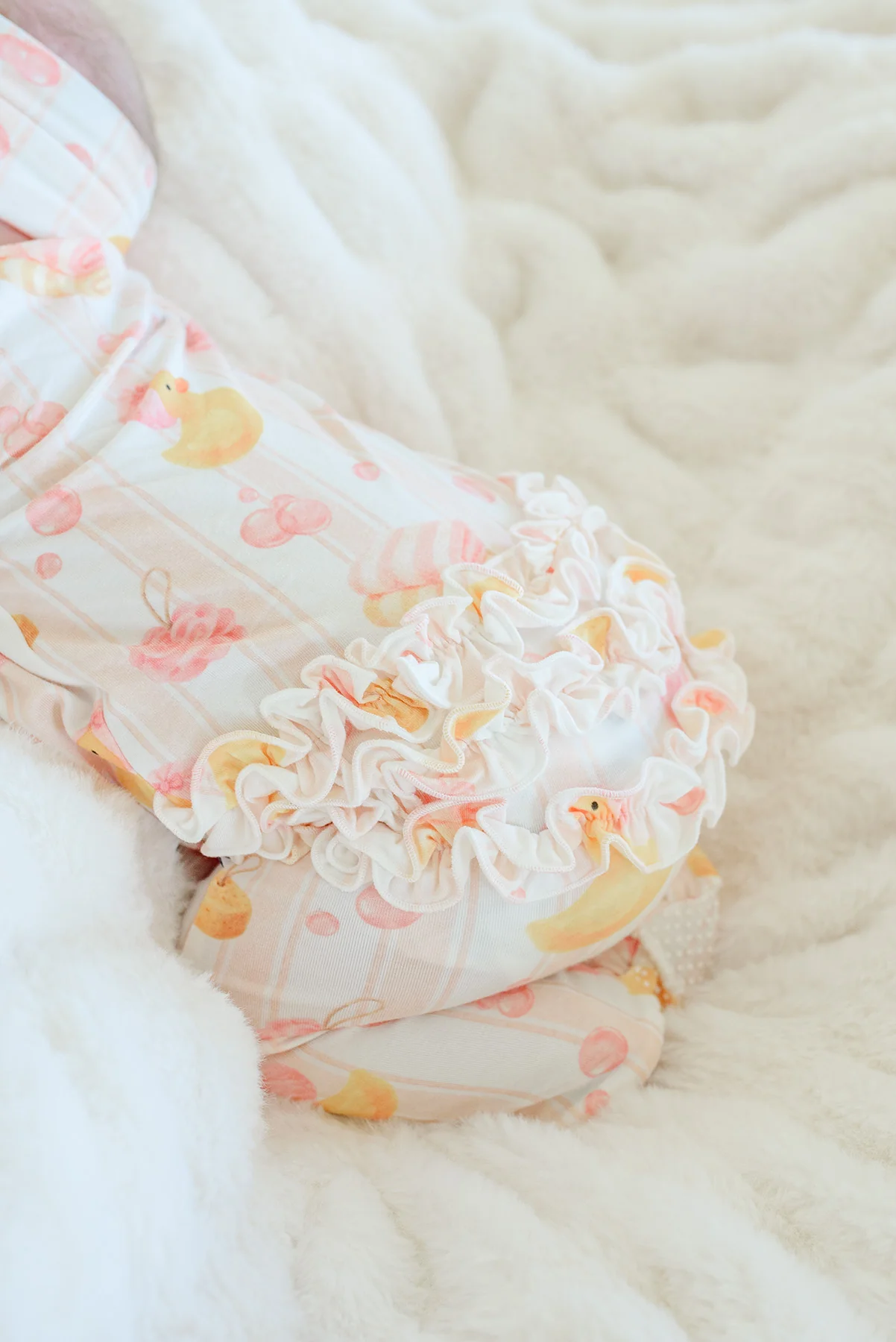 Ruffle Bamboo Zipper Footie | Bubble Duckies Pink - Image 12