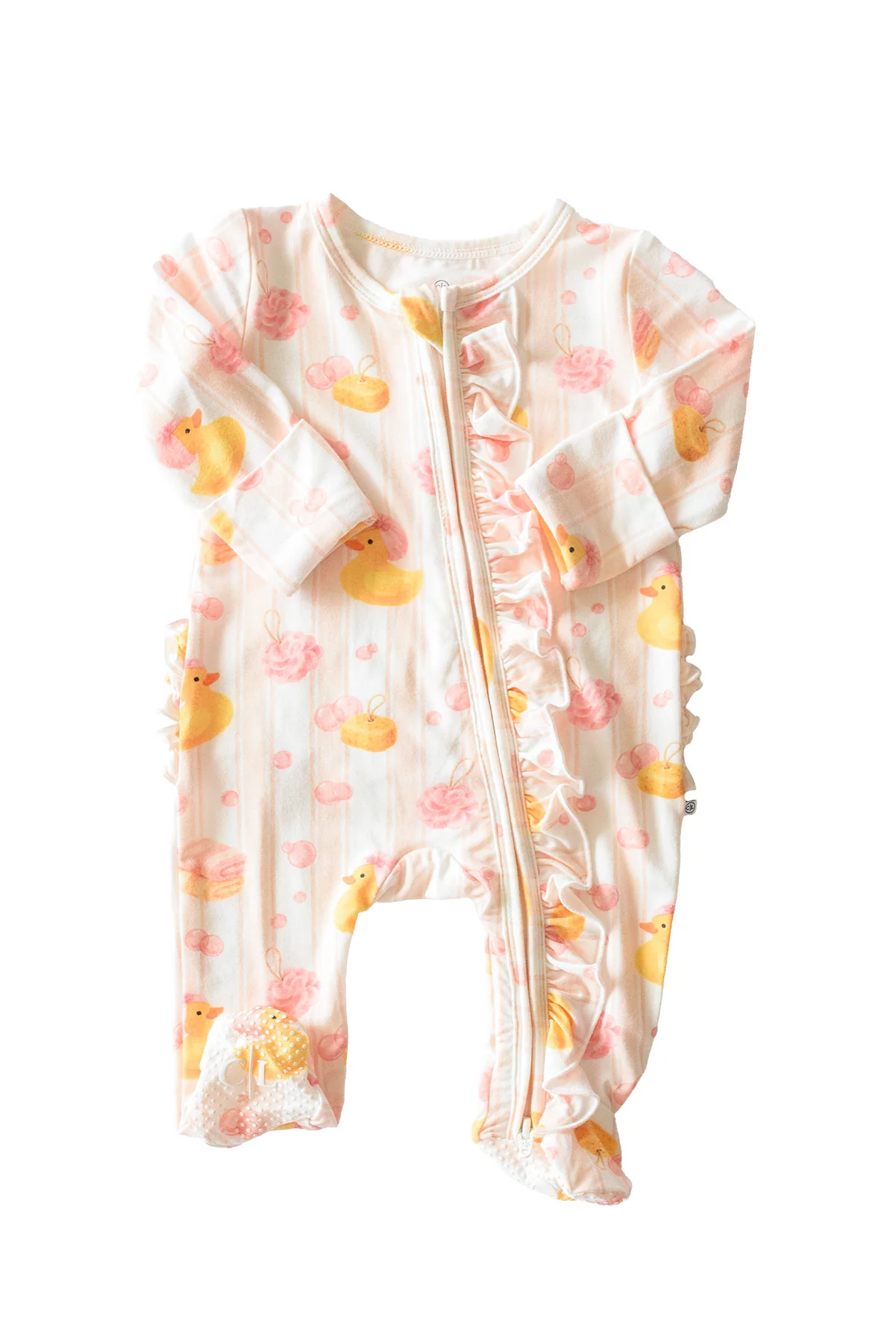 Ruffle Bamboo Zipper Footie | Bubble Duckies Pink - Image 2