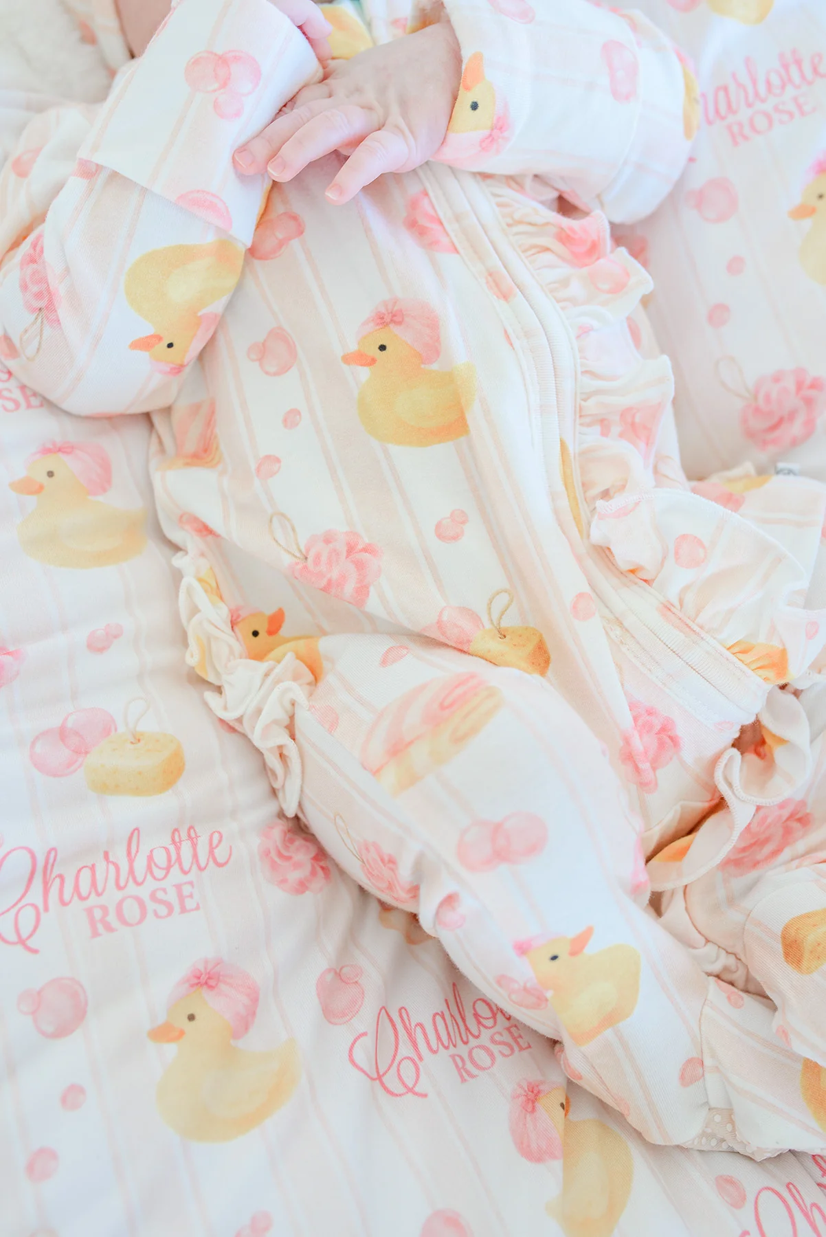 Ruffle Bamboo Zipper Footie | Bubble Duckies Pink - Image 4