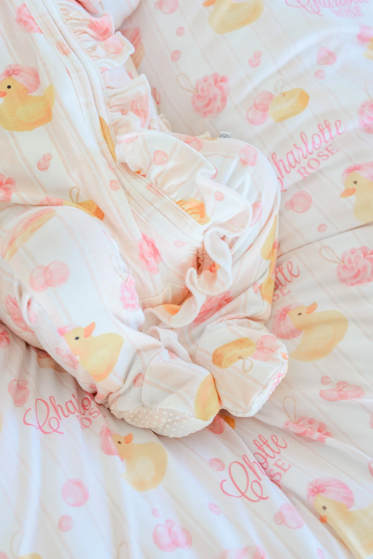 Ruffle Bamboo Zipper Footie | Bubble Duckies Pink - Image 8