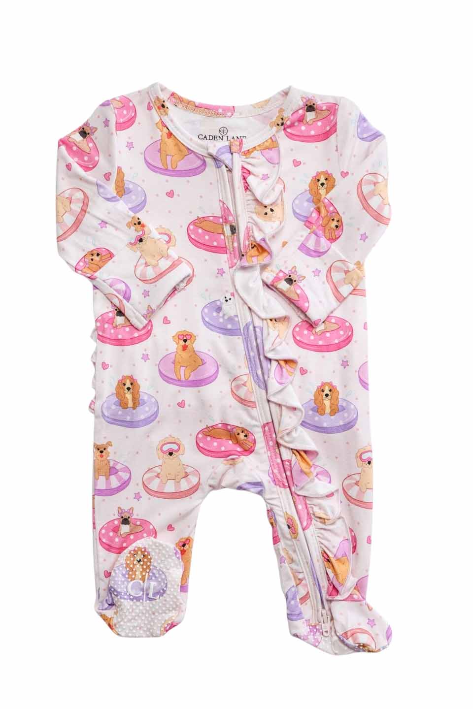 Ruffle Zipper Footie | Poolside Pups Pink - Image 2