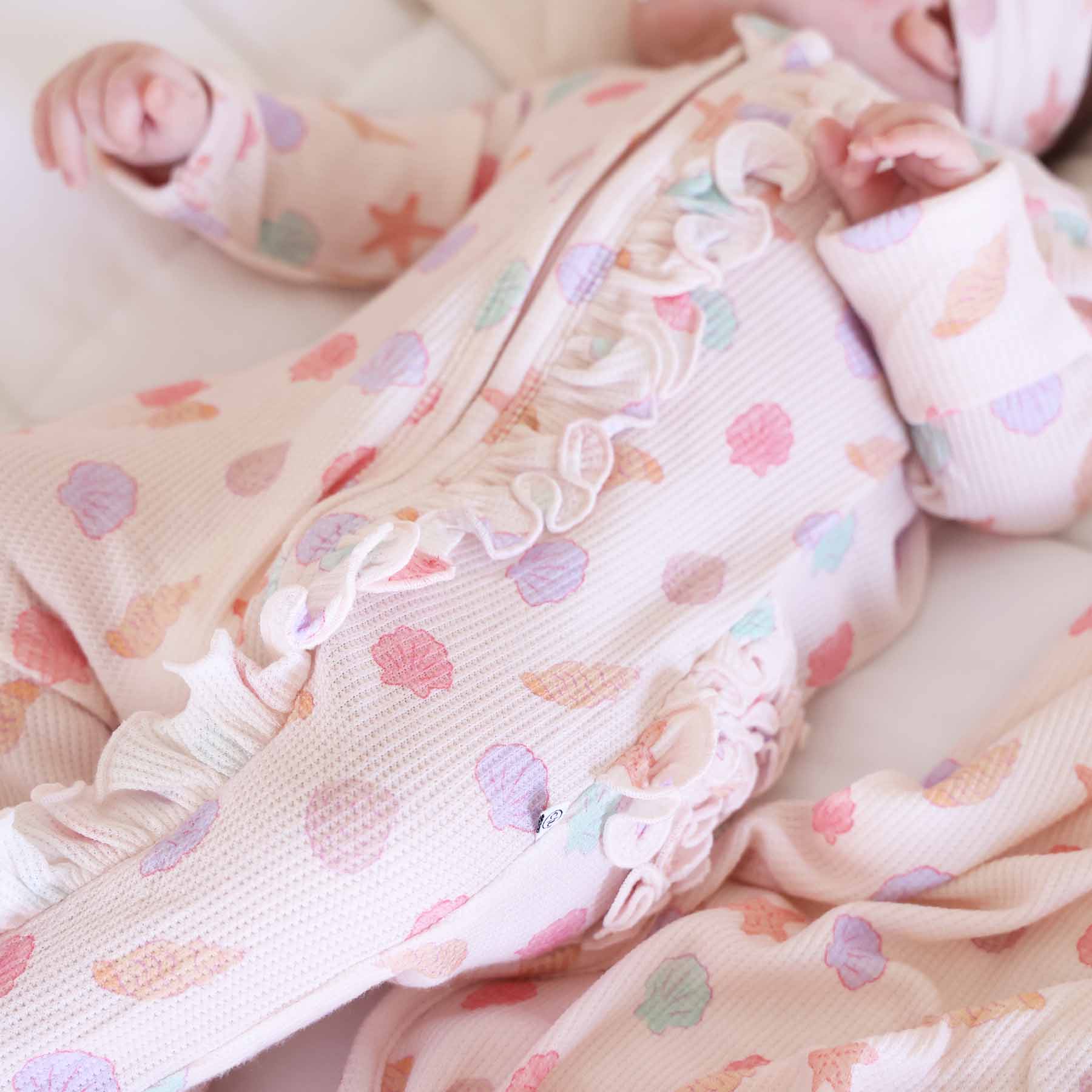 Saltwater Shells Bamboo Waffle Ruffle Zipper Footie - Image 9