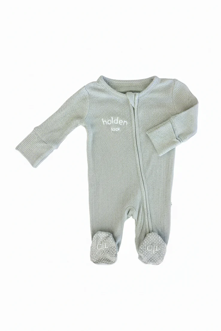 Embroidered Bamboo Waffle Zipper Footie | Seagrass - Image 3