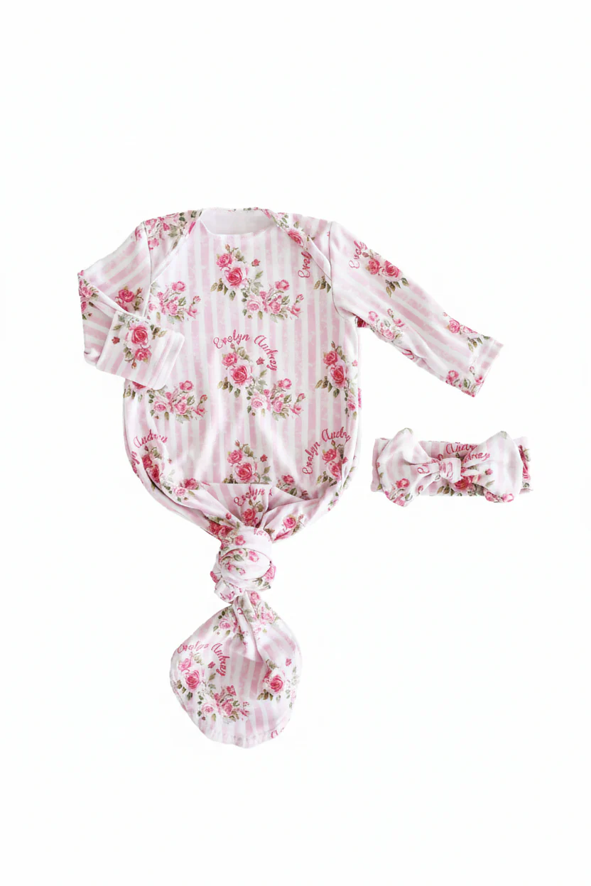 Shabby Chic Personalized Newborn Baby Knot Gown - Image 3