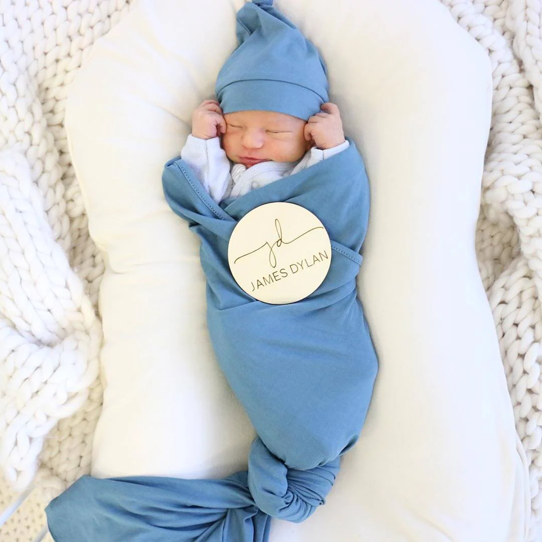 Solid Dusty Blue Bamboo Knit Swaddle Blanket - Image 3