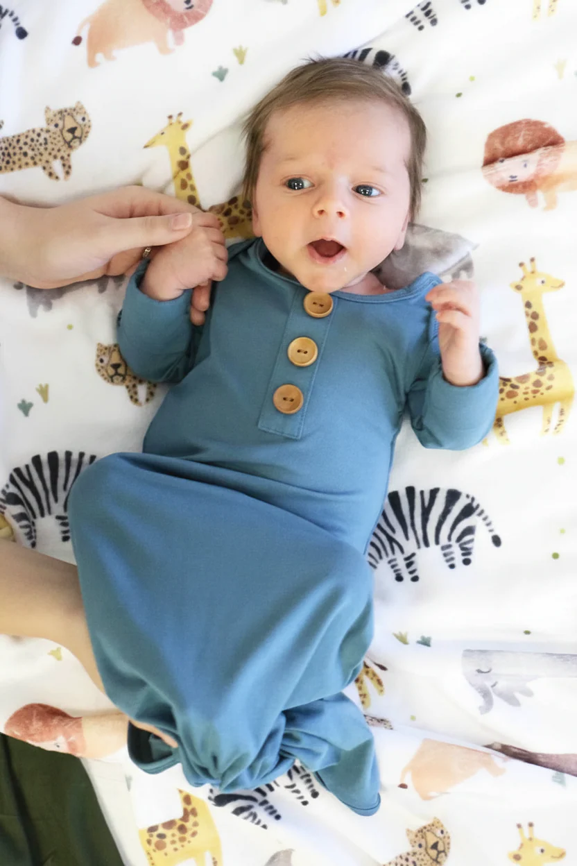 Solid Dusty Blue Bamboo Baby Knot Gown & Hat - Image 3