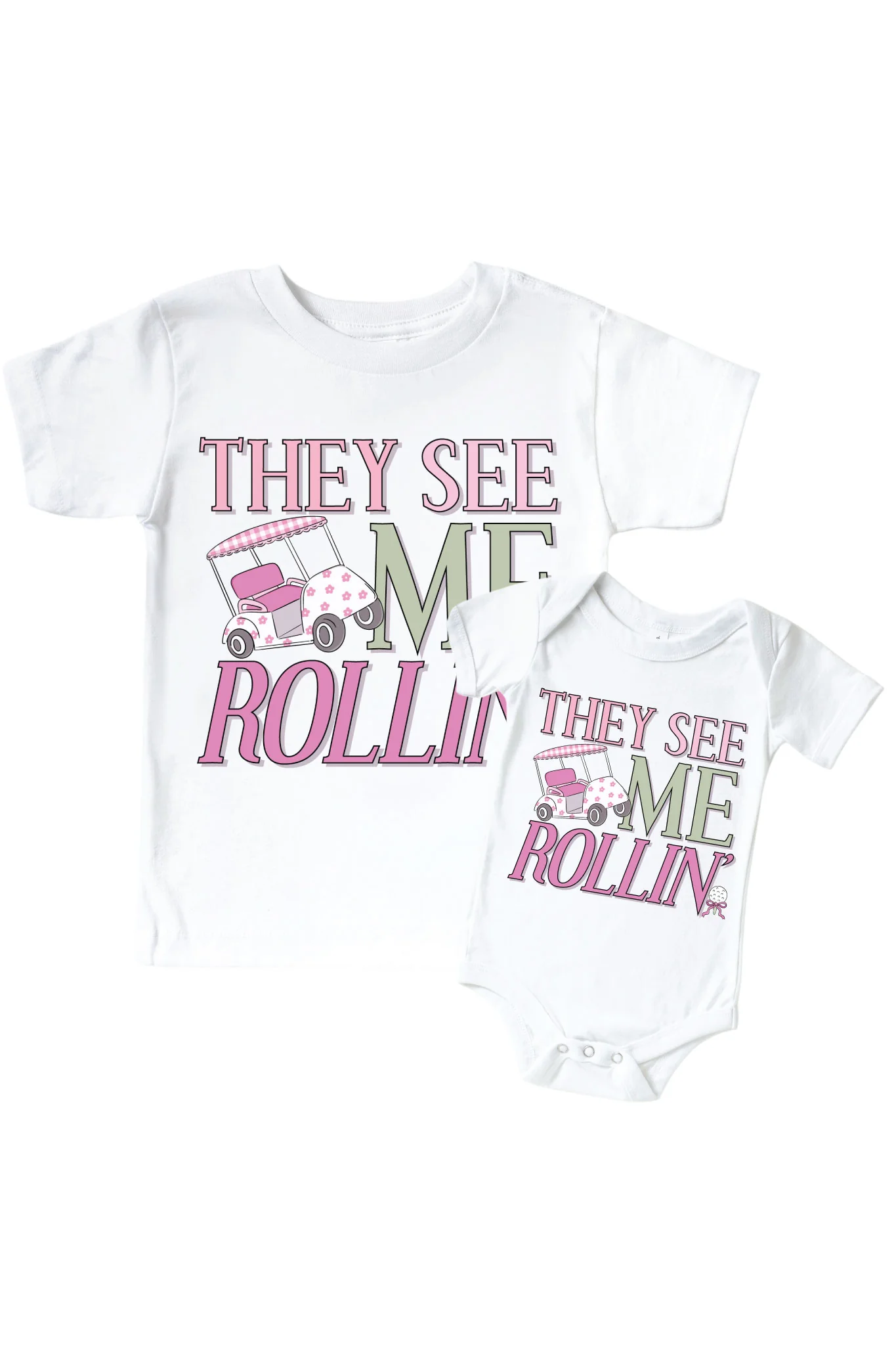 They See Me Rollin' Pink Graphic Bodysuit & Kids Tee | White