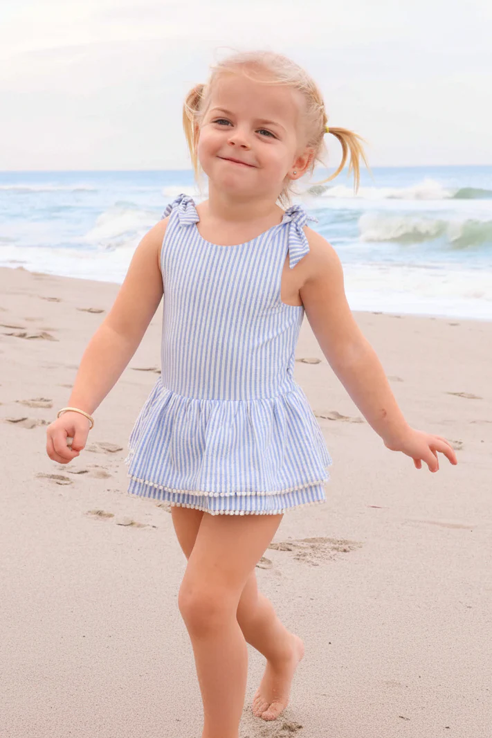Tiered Skirt with White Pom Trim | Seersucker Blue - Image 14