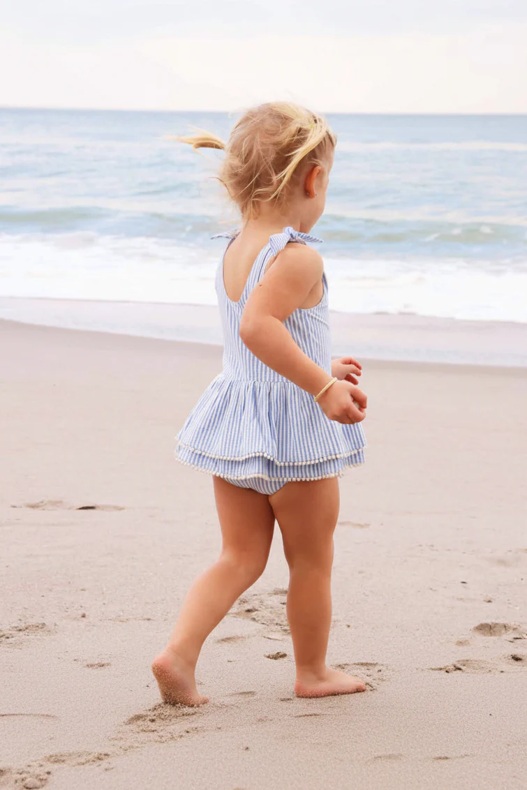 Tiered Skirt with White Pom Trim | Seersucker Blue - Image 17