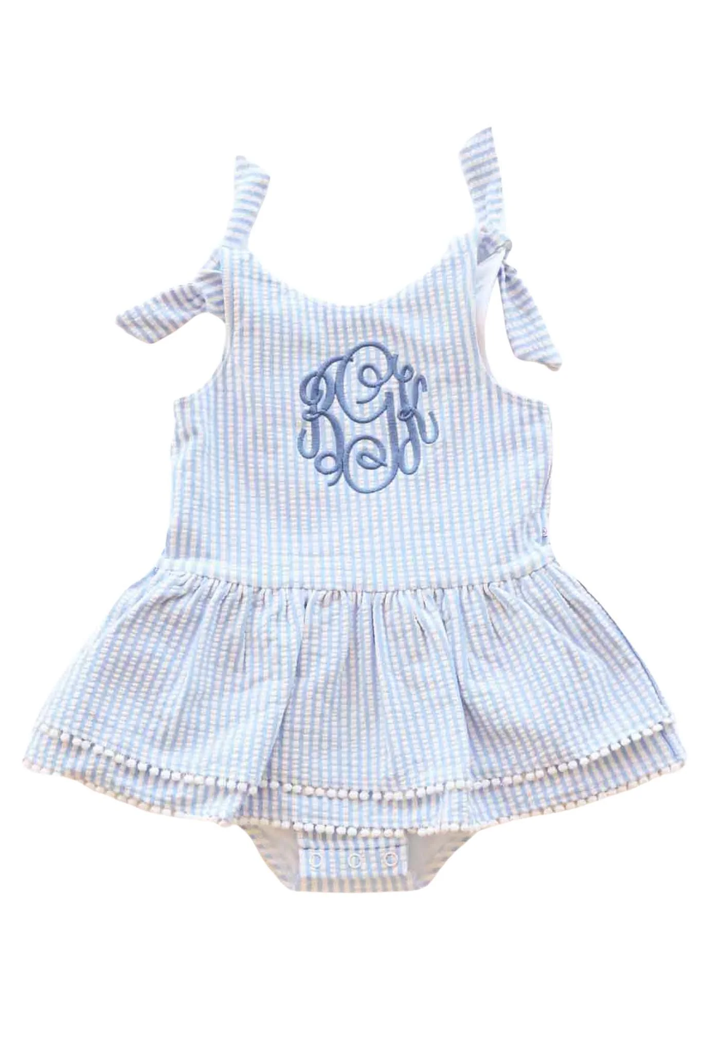 Tiered Skirt with White Pom Trim | Seersucker Blue - Image 2