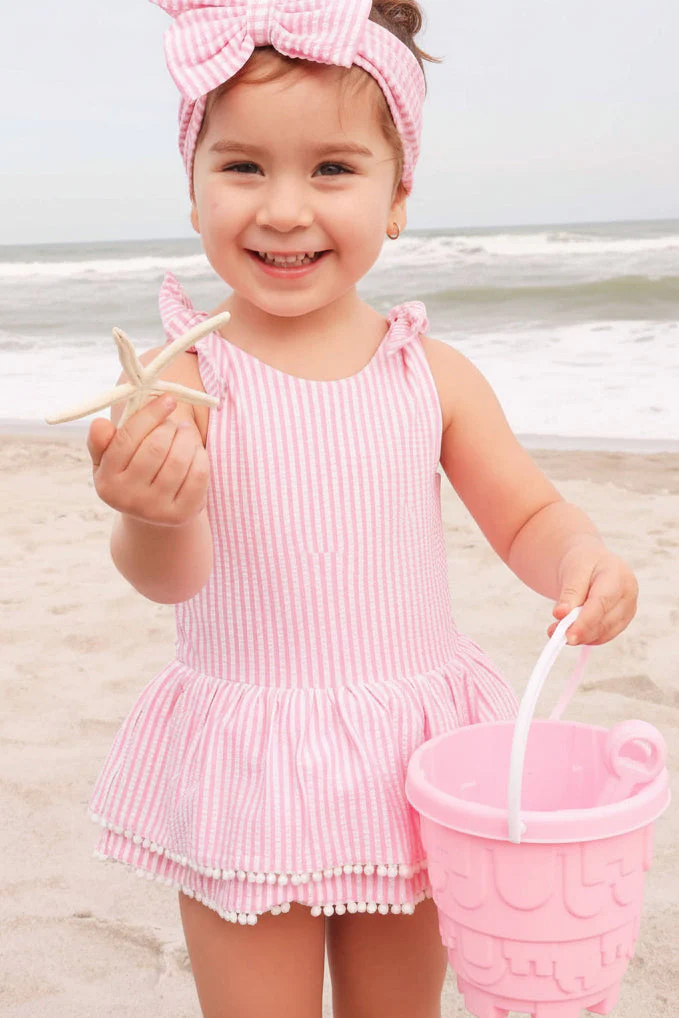 Tiered Skirt with White Pom Trim | Seersucker Dusty Pink - Image 12