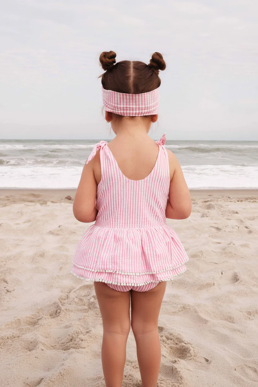 Tiered Skirt with White Pom Trim | Seersucker Dusty Pink - Image 14