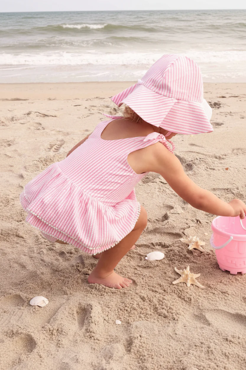 Tiered Skirt with White Pom Trim | Seersucker Dusty Pink - Image 18