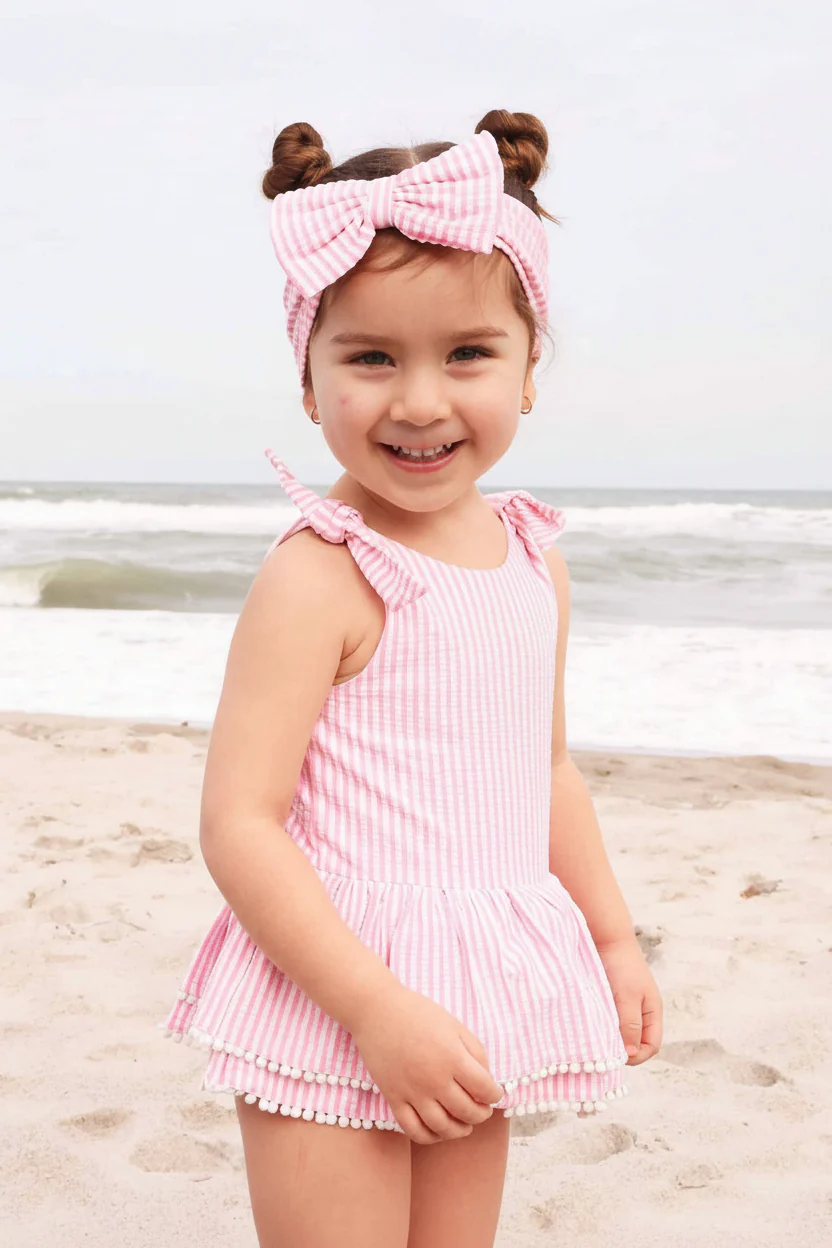 Tiered Skirt with White Pom Trim | Seersucker Dusty Pink - Image 19