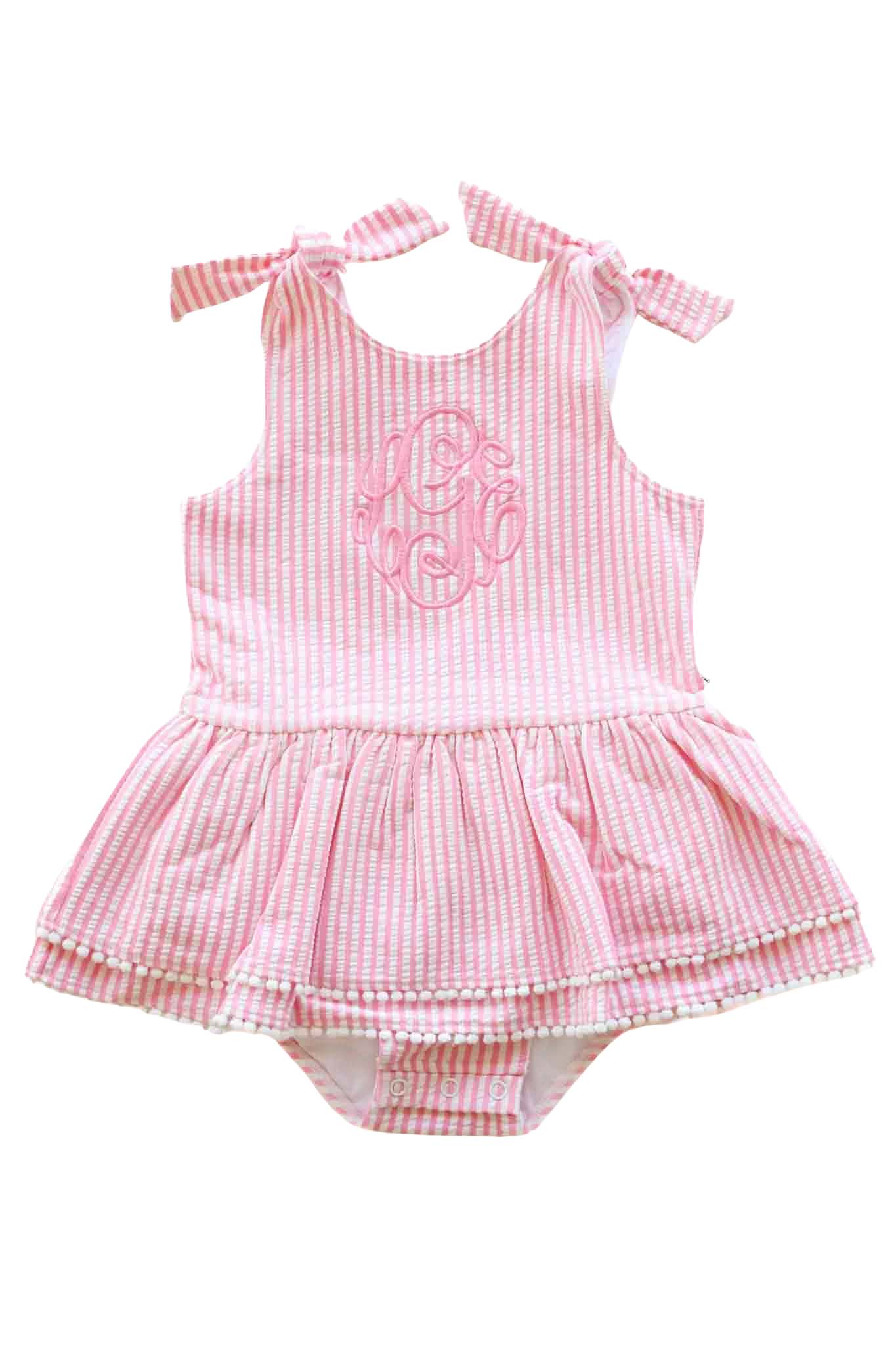 Tiered Skirt with White Pom Trim | Seersucker Dusty Pink - Image 2