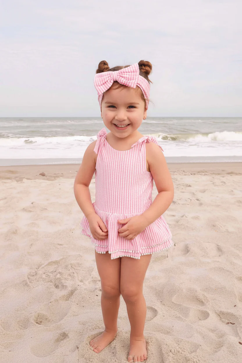 Tiered Skirt with White Pom Trim | Seersucker Dusty Pink - Image 20