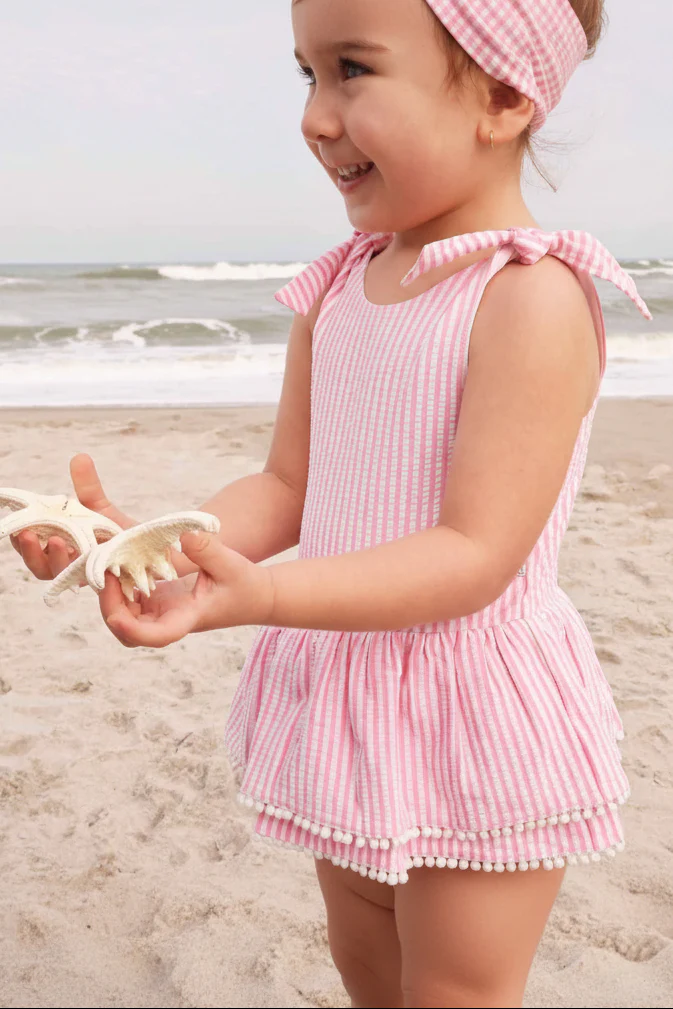 Tiered Skirt with White Pom Trim | Seersucker Dusty Pink - Image 21
