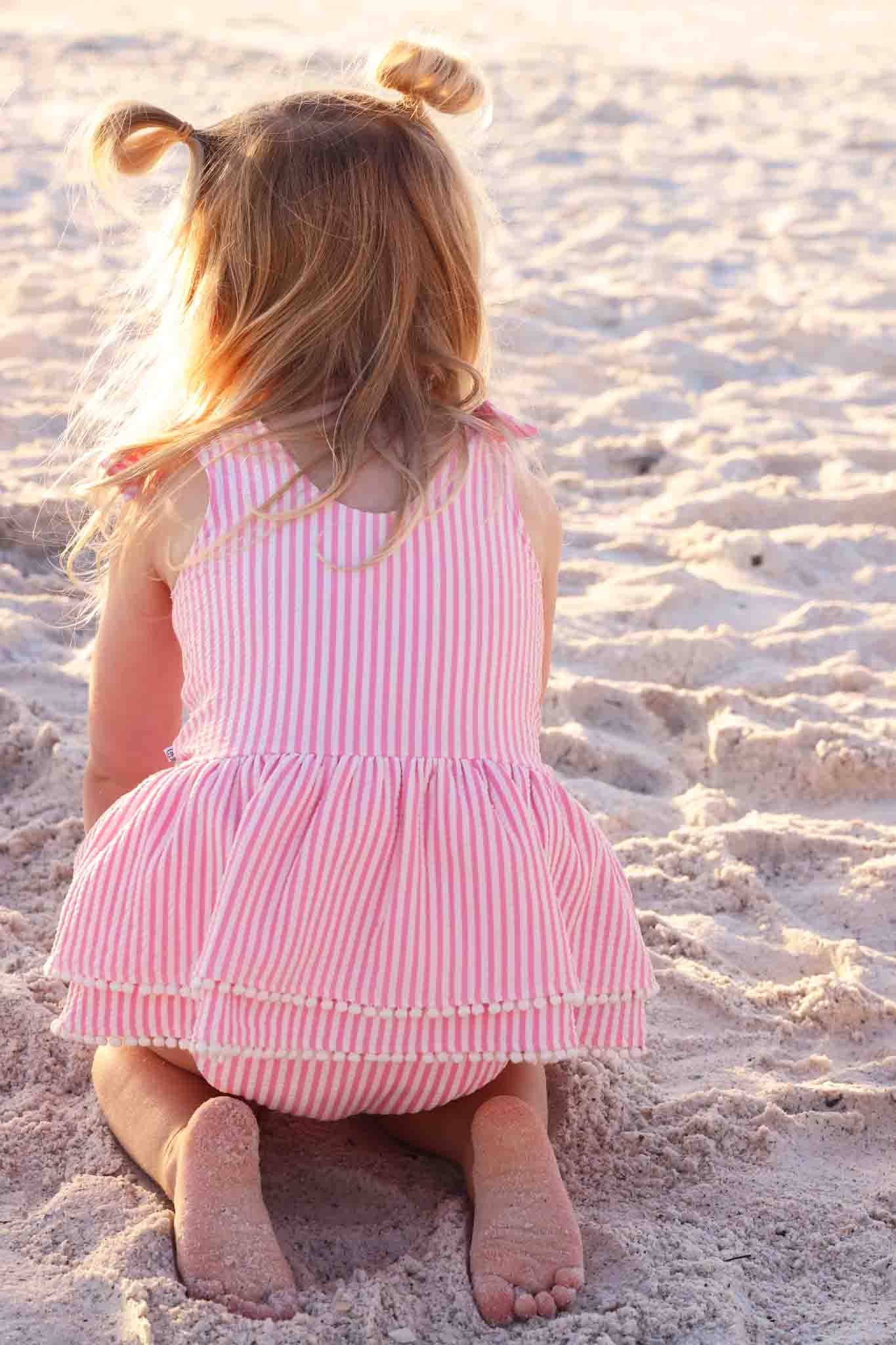 Tiered Skirt with White Pom Trim | Seersucker Dusty Pink - Image 4