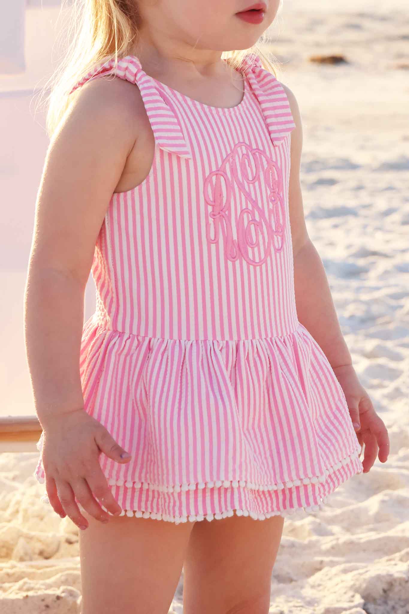 Tiered Skirt with White Pom Trim | Seersucker Dusty Pink - Image 5
