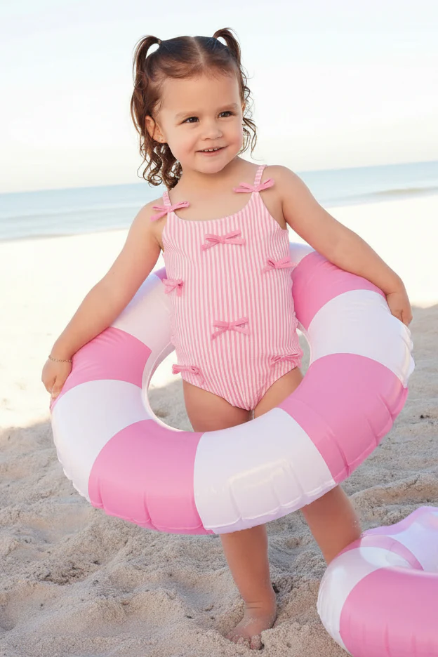 Tiny Bows One Piece | Seersucker Dusty Pink - Image 3