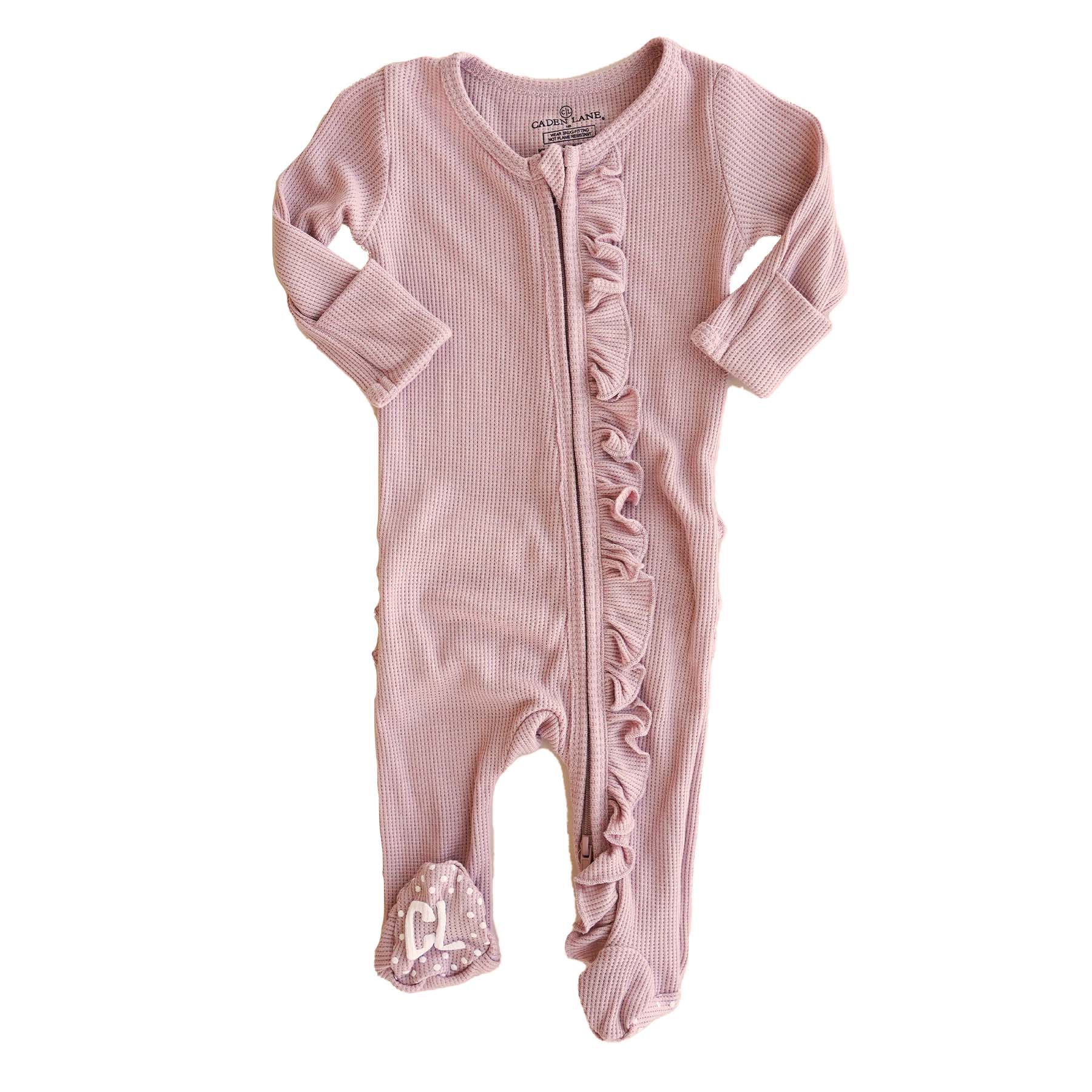 Vintage Rose Bamboo Waffle Ruffle Zipper Footie - Image 3