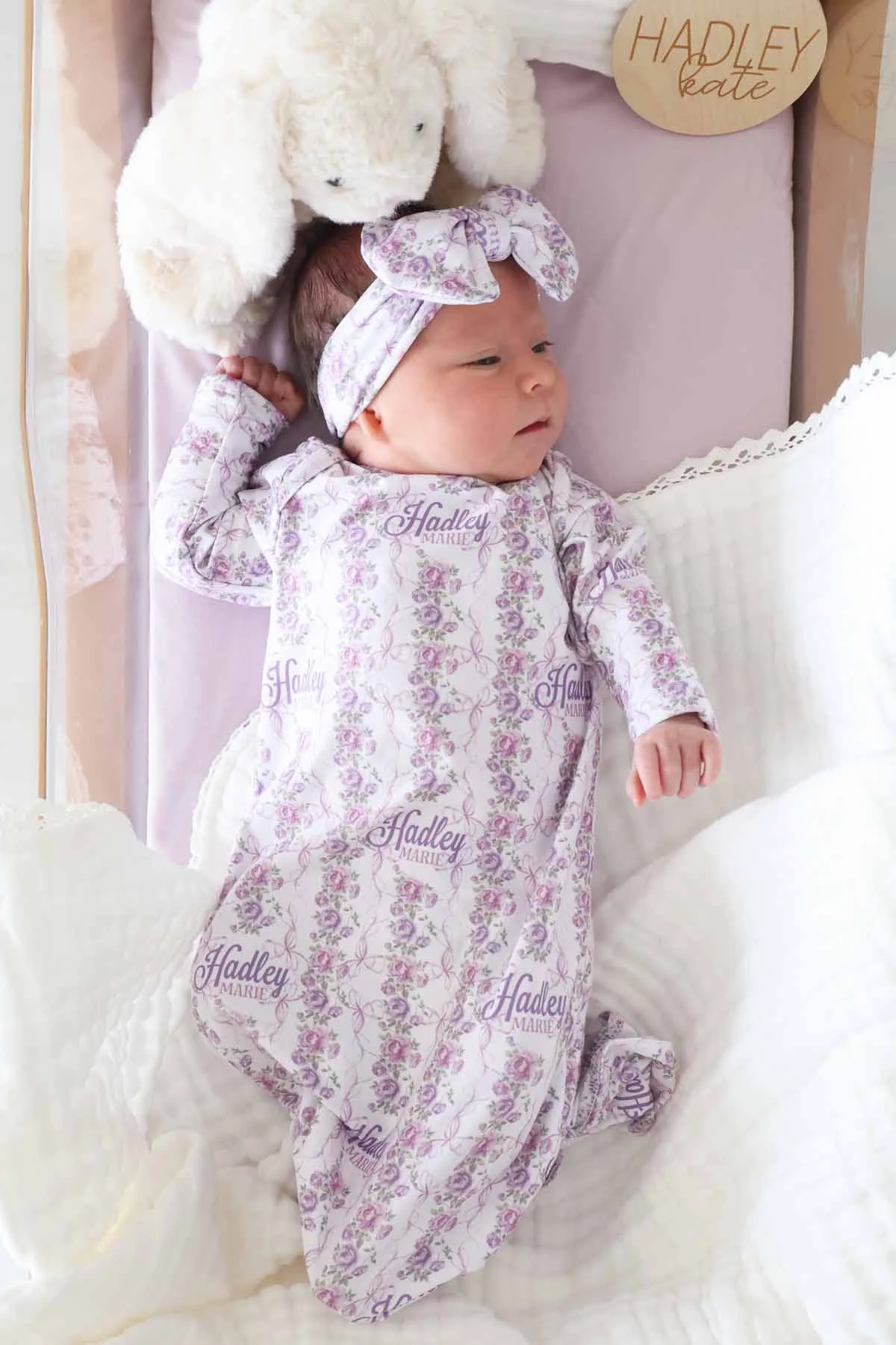 Violet Vines Personalized Newborn Baby Knot Gown - Image 2