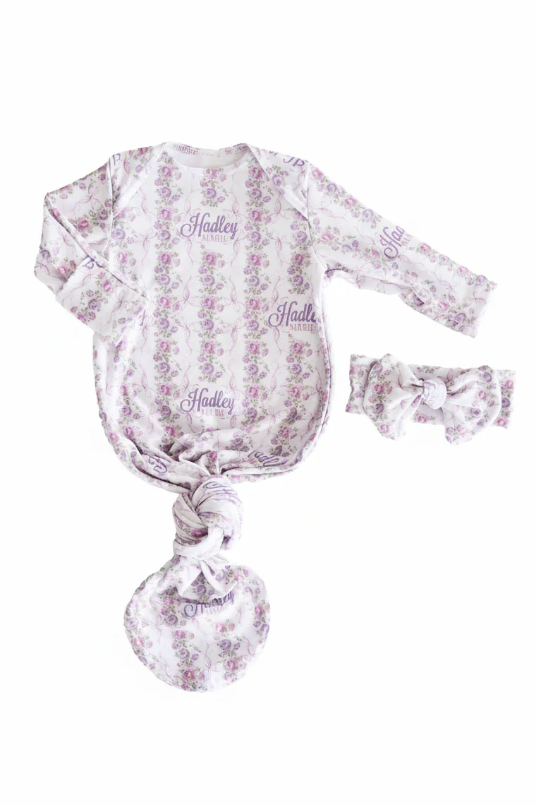 Violet Vines Personalized Newborn Baby Knot Gown - Image 3