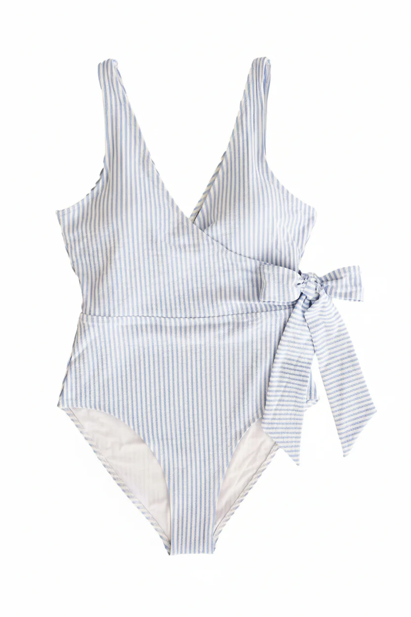 Women's Criss Cross One-Piece Swimsuit | Seersucker Blue - Image 2